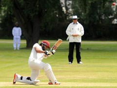 Hamza smashing another six from a slog sweep, with his father looking on proudly.